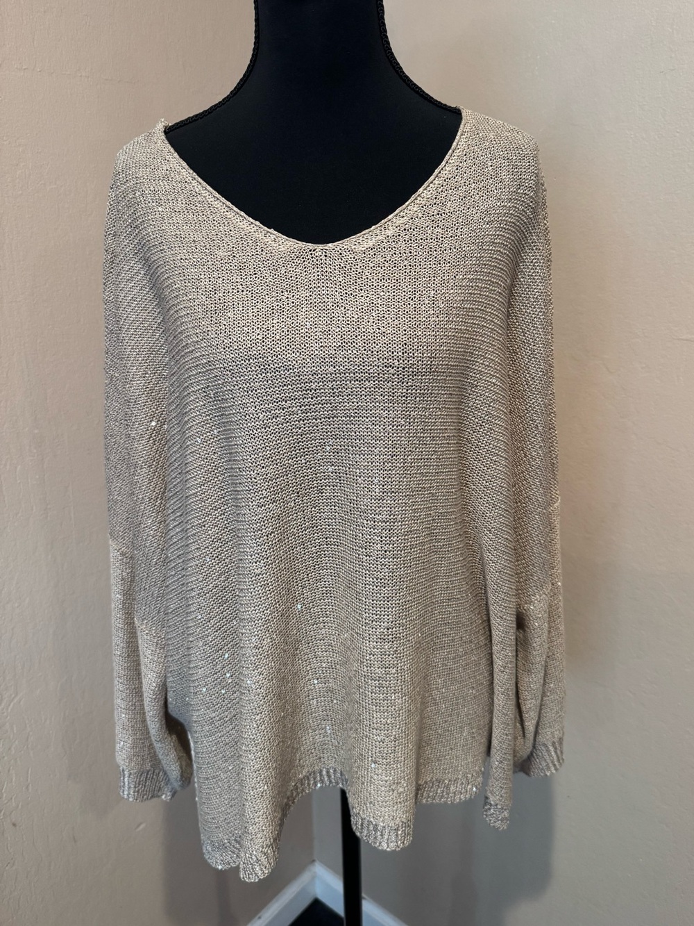 Relaxed V-Neck Sweater in Metallic Gold with Gold Sequin and Tieback Back Detail